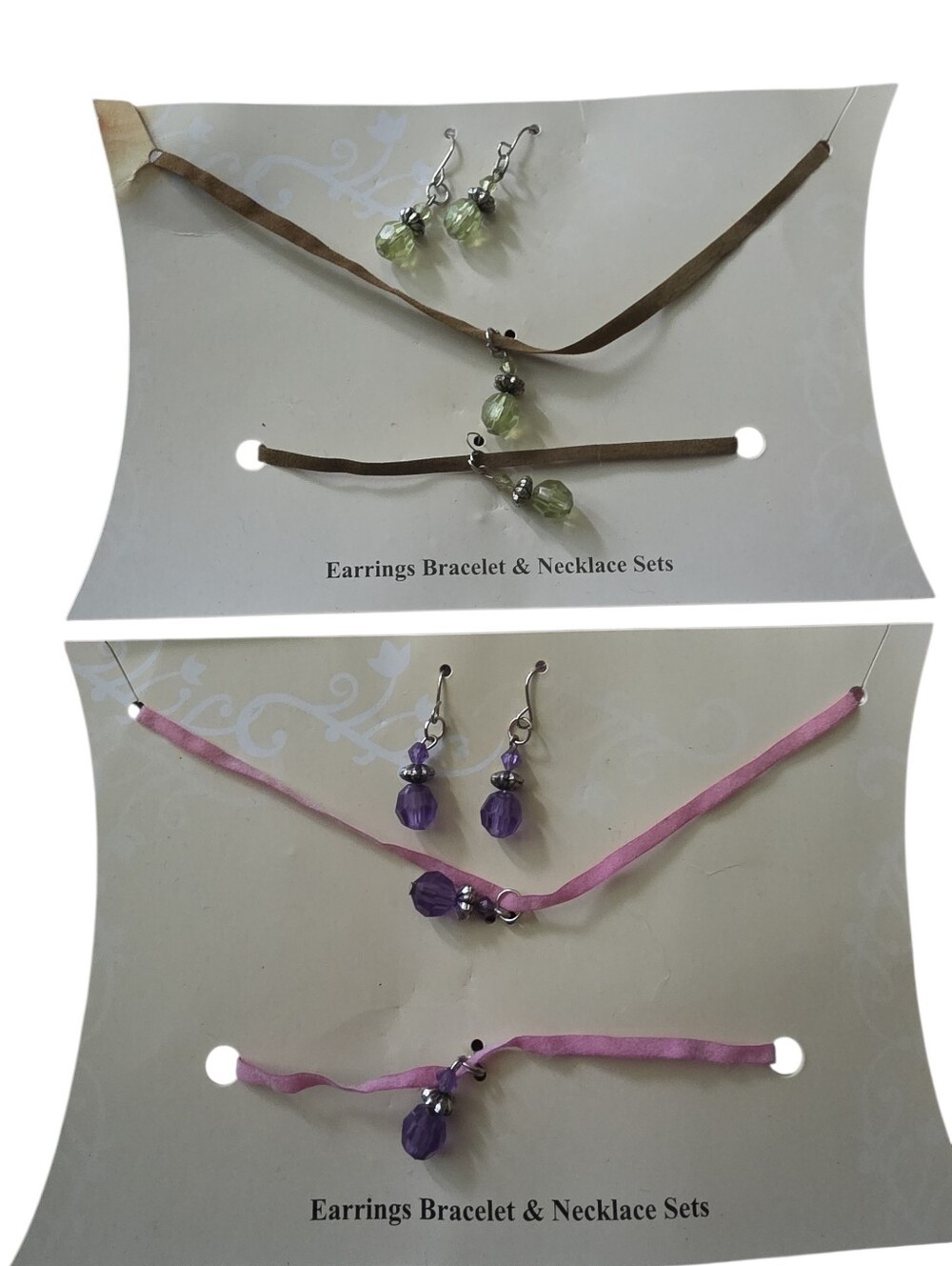 Green and Purple Beaded Ribbon Jewelry Sets - Earrings, Necklace & Bracelet